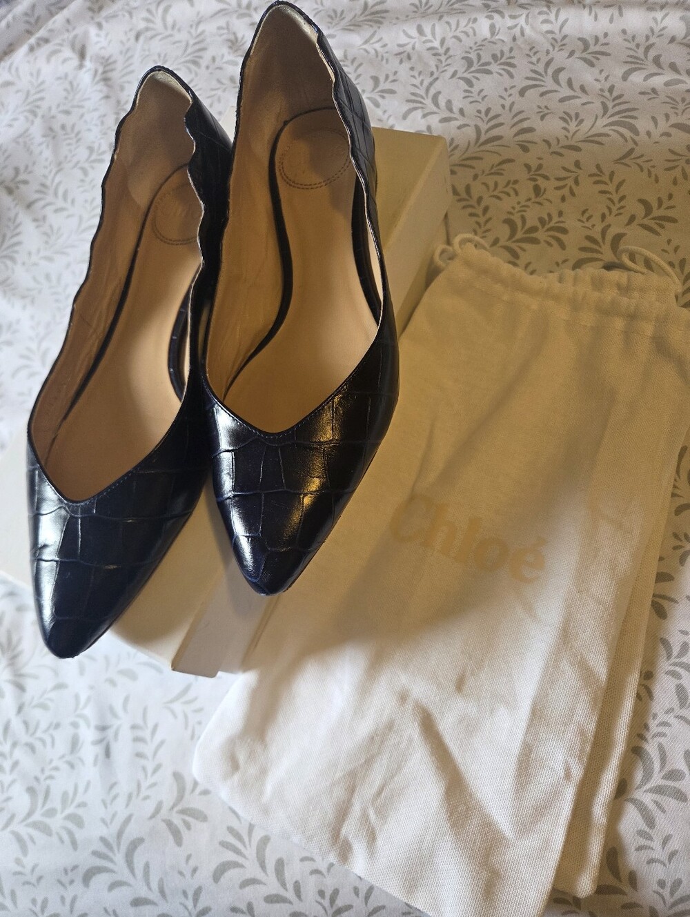 Chloe Navy Blue Croc-Embossed Pointed Toe Flats - Picture 2 of 5